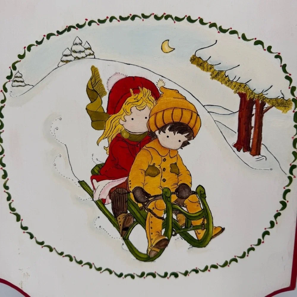 Hand Painted Wall Plaque Sledding Children Heart Cutout Country Cottage Decor‎